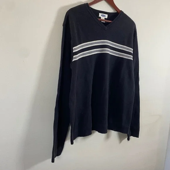 Old Navy Knit V-Neck Black Sweater White Gray Stripes Men's XL Cotton Grunge - Picture 3 of 6